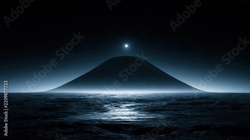 Scientific space illustration of lone Ahuna Mons on Ceres cratered plain, frozen brine flows, wide angle, dark cosmos, soft light