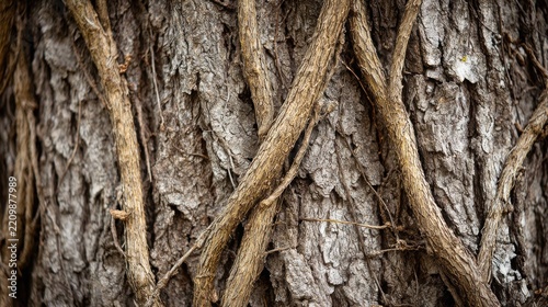 Intricate network of woody vines entwined around the textured bark of an old tree trunk in a close-up natural study.