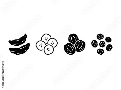 Hand-drawn vector icons set of dried fruits including banana slices and berries as organic healthy snacks for dietary food design