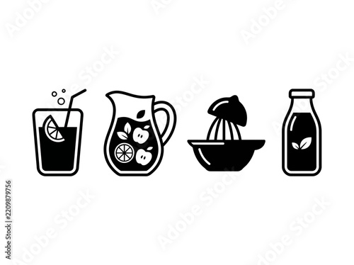Minimalist black and white vector icons representing fruit juice preparation and serving for refreshing beverage concepts