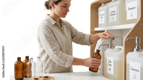Woman refilling glass bottle with cleaning product at refill station
