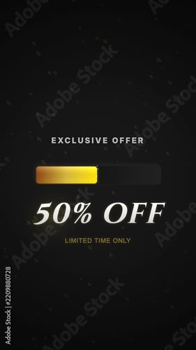 Exclusive offer loading progress bar with discount percentage incrementing up to fifty percent off on a dark glittering background