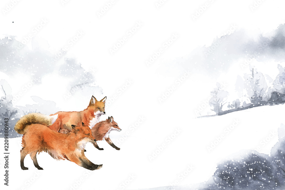 Obraz premium Hand-drawn foxes running in the snow watercolor style