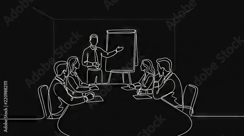 Continuous line drawing of office team meeting session