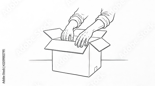 Hand-drawn illustration of hands opening a cardboard box.