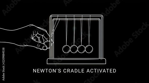 Newton's cradle physics demonstration continuous line art illustration.