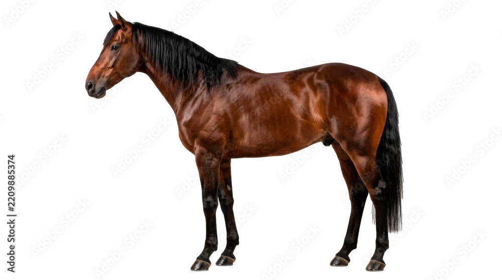 Obraz premium Glossy brown horse standing in profile, flowing dark mane and tail, muscular anatomy, refined coat highlights and lifelike equine proportions. Photorealistic animal studio photography, full-body side