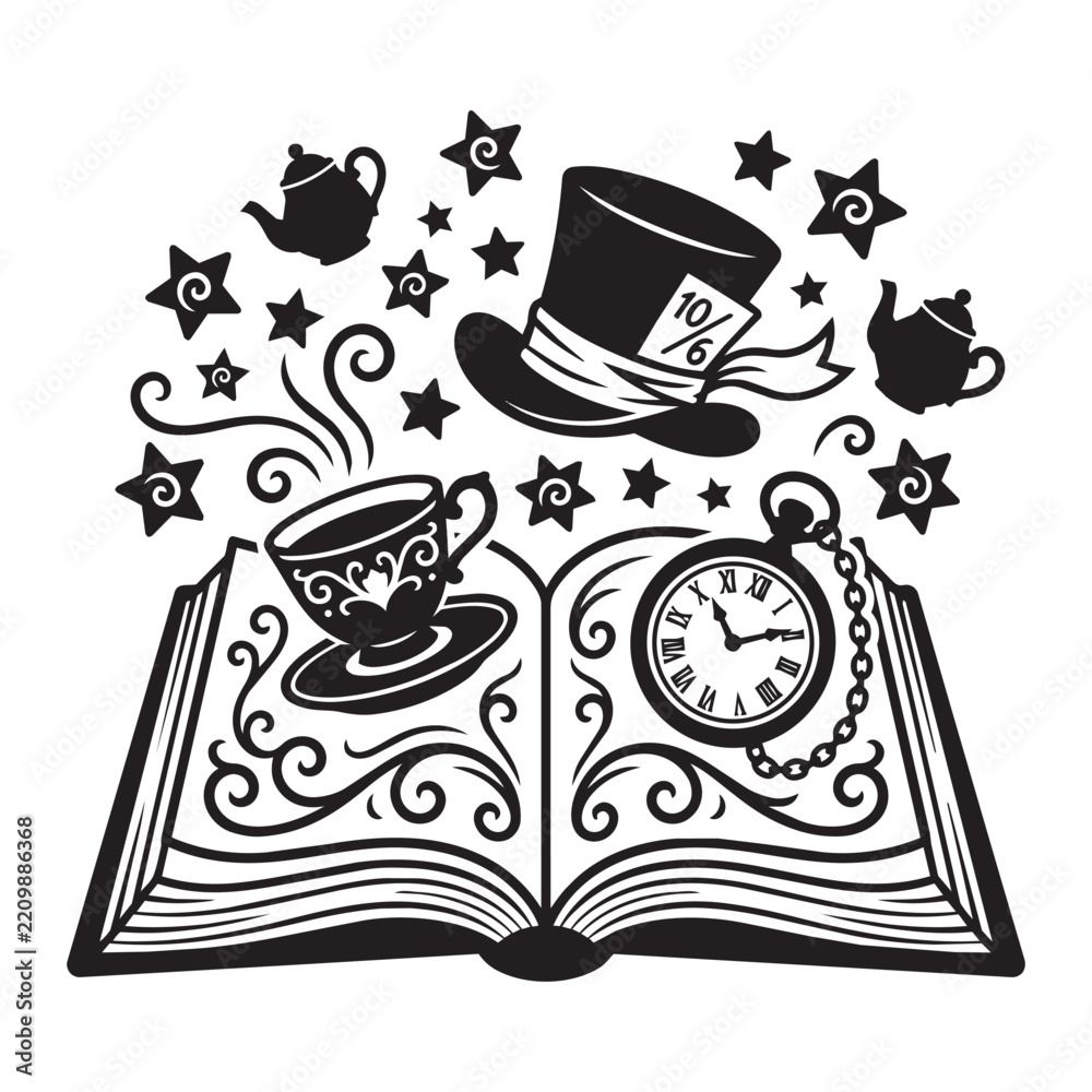 Obraz premium Open Magic Book Vector Illustration with Top Hat Teacup Pocket Watch and Stars