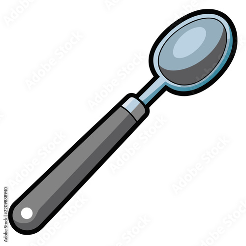 a metal spoon with a dark gray handle and a blue-tinted bowl, drawn with bold black outlines and simple shading.