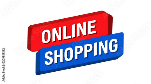 3D rendered graphic banner with vibrant red and blue stacked rectangular blocks featuring bold white text stating online shopping isolated on a clean white background for modern e-commerce design