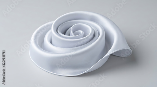 Elegant white satin ribbon arranged in a delicate spiral pattern on a smooth gray background suitable for design projects and