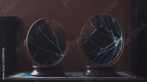 Vintage mirror cracked into two halves, each reflecting a different facial expression.