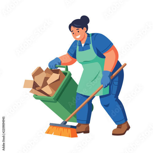 Cleaning Worker Collecting Trash with Green Wheelbarrow and Broom