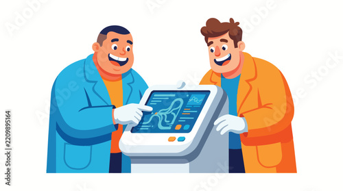 Two Scientists Collaborating with Medical Data Visualization on Digital Tablet