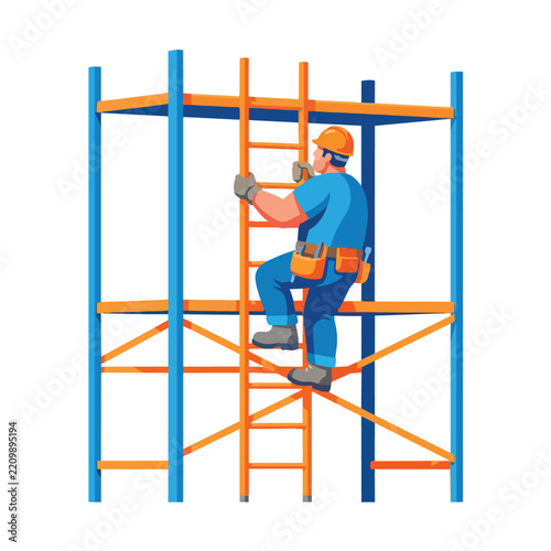 Construction Worker Climbing Metal Scaffolding with Safety Gear Vector Illustration