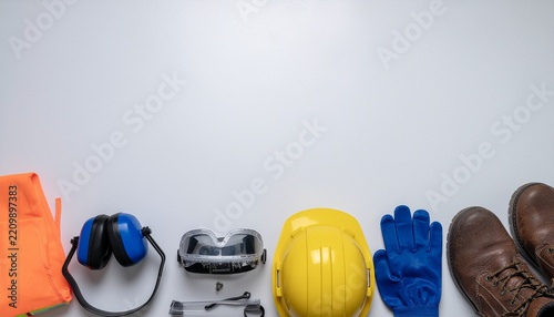 Industrial personal protective equipment flat lay on white background
