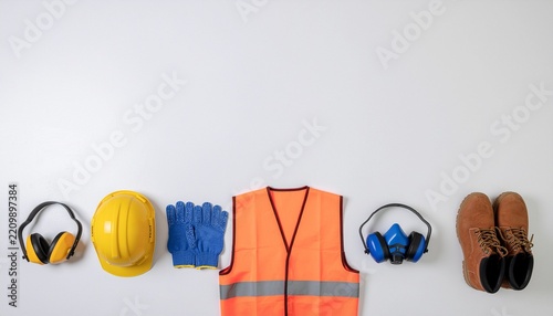 Industrial personal protective equipment arranged on white background