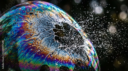 Close-up of a colorful soap bubble popping with water droplets splashing outward against a dark background
