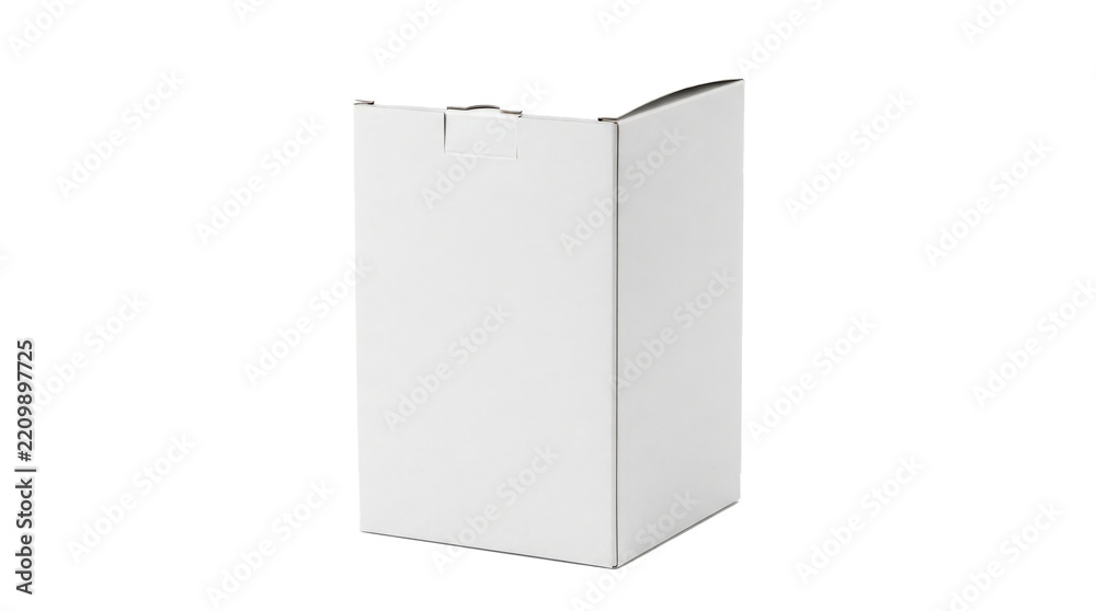 Fototapeta premium Cake box with clean white cardboard construction, tall square form, folding lid, smooth panels, and a neat bakery-packaging appearance. Photorealistic studio product photography, 3/4 front view,
