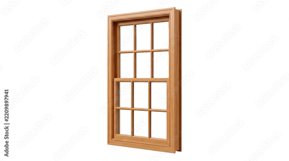 Fototapeta premium Wooden window frame with clean traditional muntins, smooth finished grain and balanced architectural proportions, photorealistic, front 3/4 view, vertical orientation, ultra-high-resolution 8K product