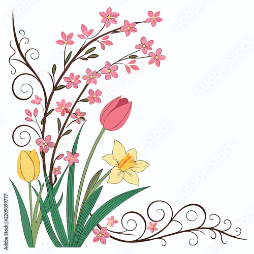 Spring flowers and borders isolated on white background