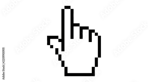 Pixelated cursor hand pointer icon with a blocky digital silhouette, raised index finger and crisp retro computer-interface geometry, clean high-contrast graphic object. Photorealistic 3D-style studio