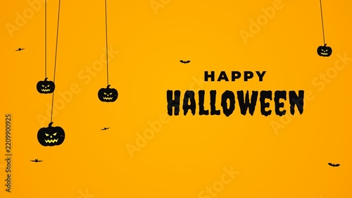 Happy Halloween animated text greeting with hanging swinging jack o lantern pumpkins and fluttering bats on orange background