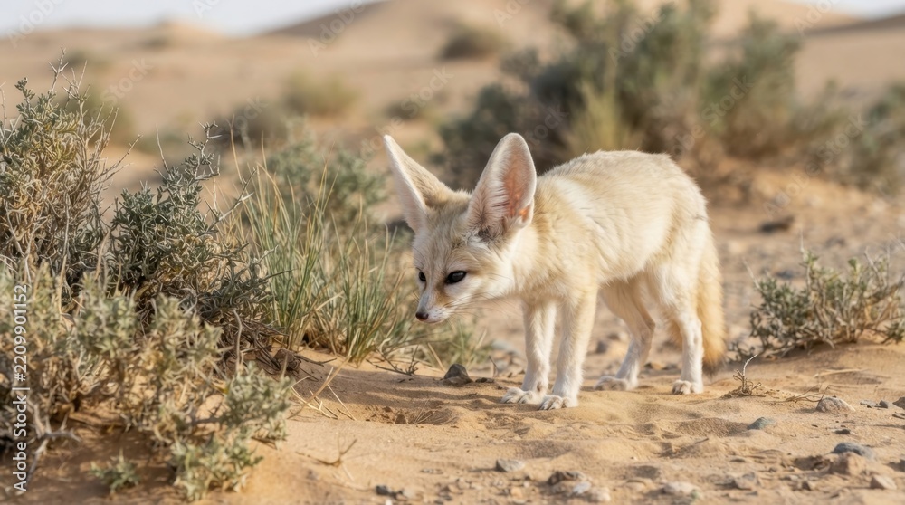 Obraz premium A fennec fox standing in the sandy desert landscape with sparse vegetation under bright light