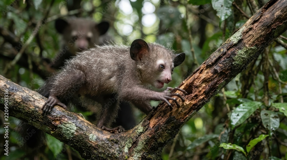Obraz premium Rare aye-aye lemur climbing on a mossy tree branch in the lush tropical rainforest of Madagascar