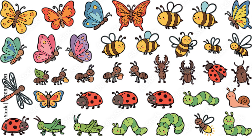 Obraz premium Cute Garden Insect Sticker Vector Set Featuring Cartoon Butterflies Honey Bees Worker Ants Spotted Ladybugs and Crawling Caterpillar Garden Bug Characters