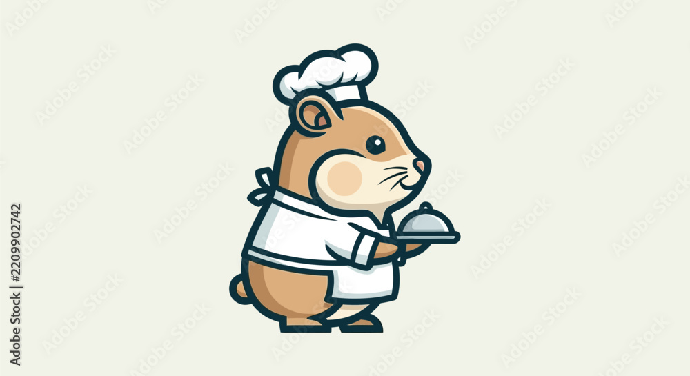 Obraz premium Cute Hamster Chef Holding a Silver Food Tray Vector Illustration for Restaurant Branding and Culinary Concept Designs