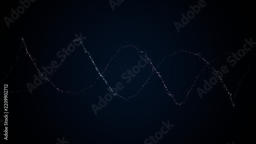 Glowing particle DNA double helix rotating horizontally on a dark blue background in a futuristic abstract science concept