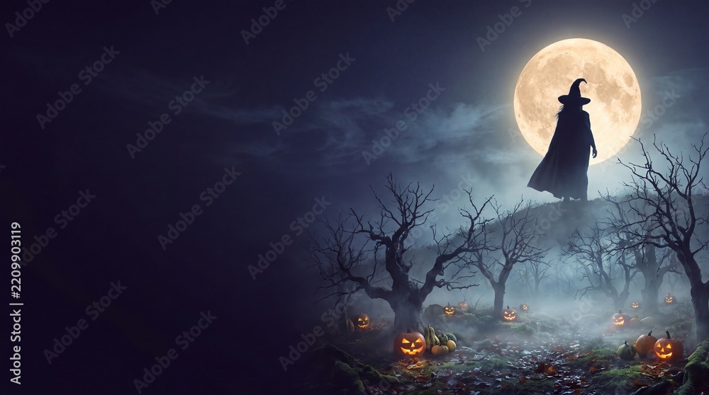 Fototapeta premium Dark Fantasy Halloween Scene with Witch and Moon 4K