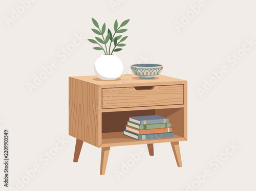 Flat line art vector illustration of a modern wooden nightstand table with drawer, books, vase, and plant