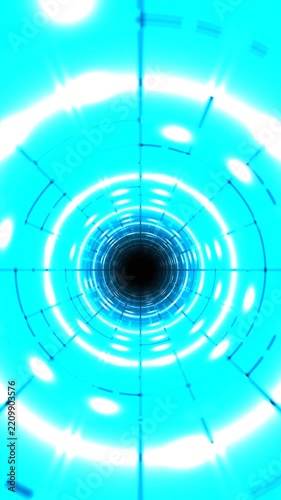Futuristic blue neon light tunnel motion background zooming forward through abstract cyber portal grid