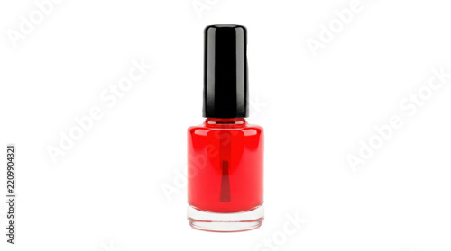 Small glass bottle of bright red nail polish with a glossy black brush cap. Photorealistic, front 3/4 view, vertical orientation, ultra-high-resolution 8K, on a pure white background (#FFFFFF)
