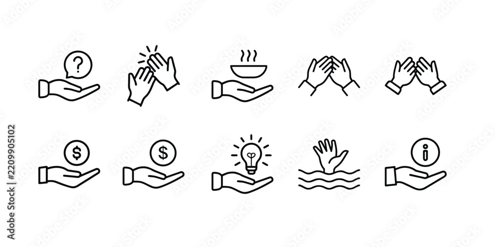 Fototapeta premium Helping Hands and Charity line icons set with information, light bulb, applause, food care, donation & more vector illustration with editable stroke.