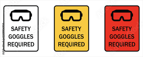 Safety goggles required icon, Safety goggles required sign on a sign board icon set isolated on white background.