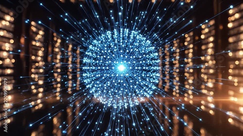 Abstract digital network connection with glowing sphere and data flow