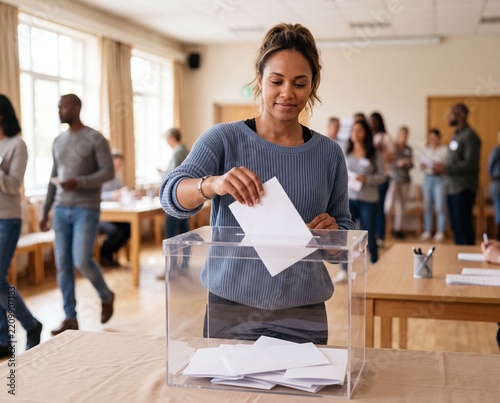 Casting a Ballot: A woman casts her vote in an election, surrounded by other citizens participating in the democratic process.