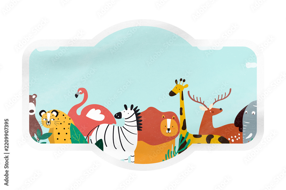 Obraz premium PNG animal kingdom, cartoon illustration sticker, badge shape with white border in transparent background
