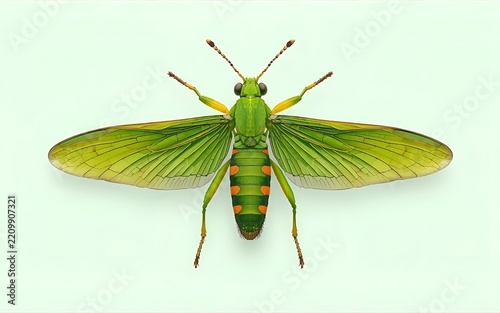 Green Cicada Insect with Transparent Wings Isolated on a Light Green Background