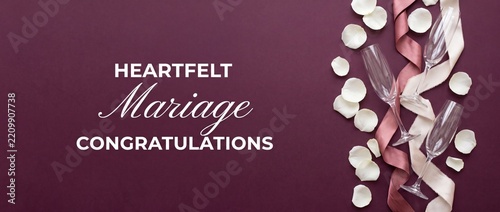 Wedding congratulation background champagne flutes white rose petals flat lay top view design for marriage celebration romantic banner elegant luxury burgundy background greeting card layout copy spac