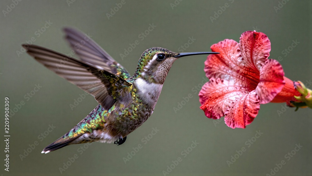 Obraz premium Two hummingbirds hover near a pink flower, wings blurred in motion.
