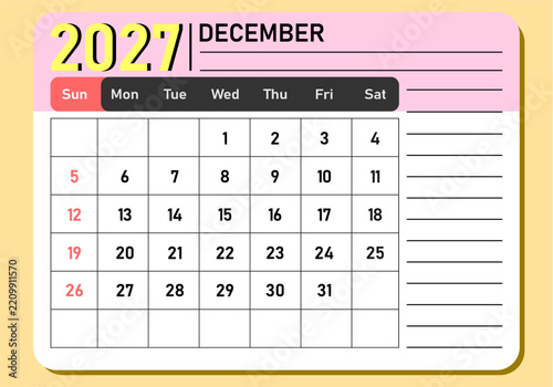 December 2027 calendar template vector design. Monthly planner card with side notes panel, pink header, yellow 2027 typography, full grid layout, and red Sunday pill header for office.