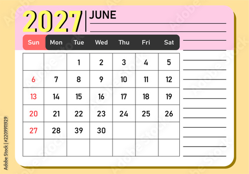 June 2027 calendar template vector design. Monthly planner card with side notes panel, pink header, yellow 2027 typography, full grid layout, and red Sunday pill header for office.