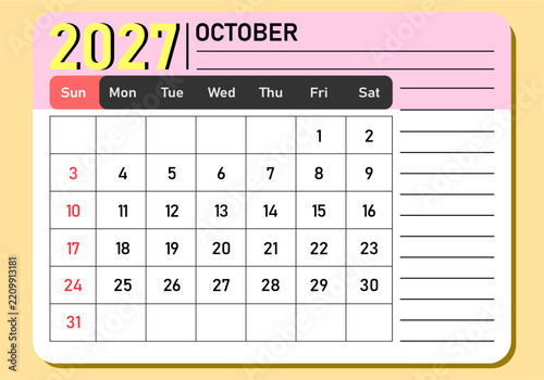 October 2027 calendar template vector design. Monthly planner card with side notes panel, pink header, yellow 2027 typography, full grid layout, and red Sunday pill header for office.
