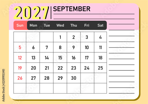 September 2027 calendar template vector design. Monthly planner card with side notes panel, pink header, yellow 2027 typography, full grid layout, and red Sunday pill header for office.