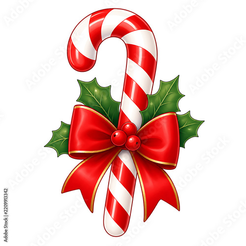 A festive Christmas candy cane illustration decorated with a vibrant red ribbon bow, holly leaves, and berries against a transparent background. PNG