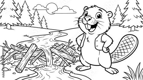 Smiling friendly coloring page, black and white line art with clean bold outlines to color for adults and kids